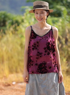 MMBL慢慢变蓝文艺做旧真丝绒设计师款百分桑蚕丝吊带背心荼家