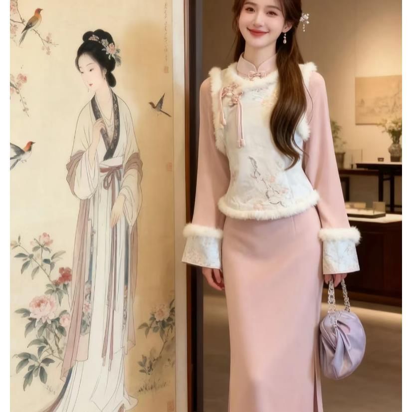 大码新中式国风旗袍女秋冬套装连衣裙加绒加厚洋气毛绒马甲两件套
