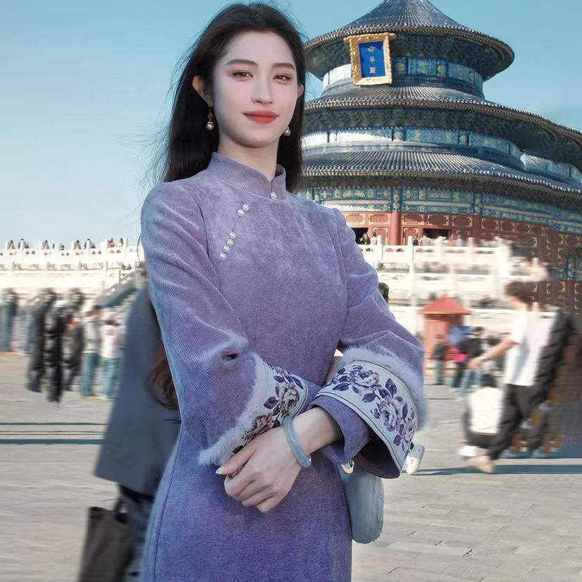 大码加绒加厚紫色旗袍连衣裙毛毛斗篷披肩套装冬款日常新中式长裙
