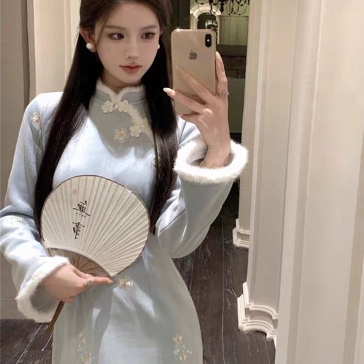 秋冬款大码中式国风气质碎花高档连衣裙加绒加厚复古改良绝美旗袍