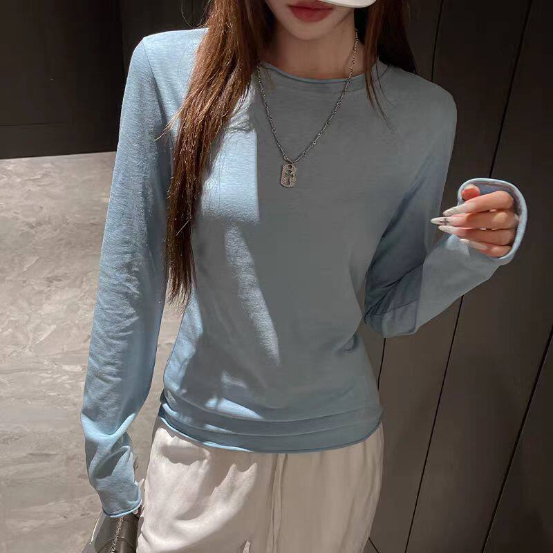 唯夕念美式设计感圆领正肩修身长袖