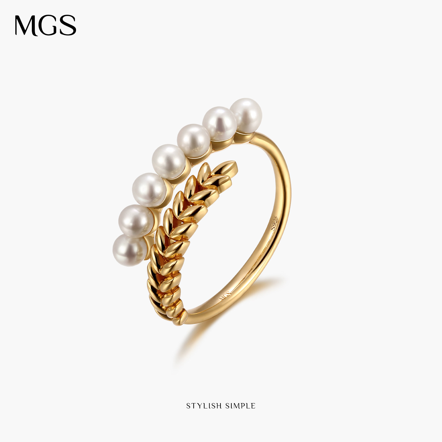MGS曼古银麦穗系列925银镀18K金设计高级感复古珍珠戒指女开口戒