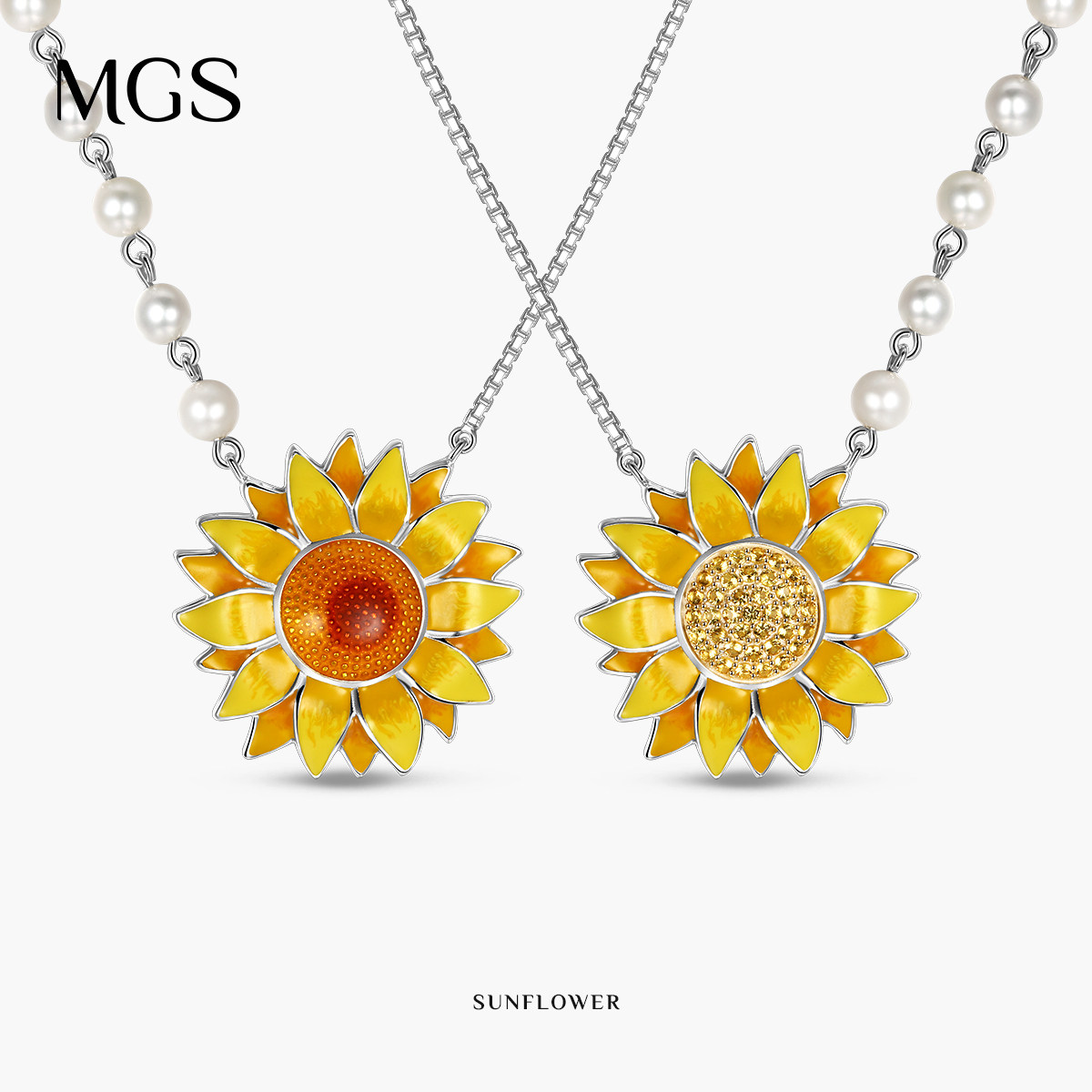MGS/曼古银时尚梵高向日葵珍珠项链S925纯银高级感轻奢锁骨链