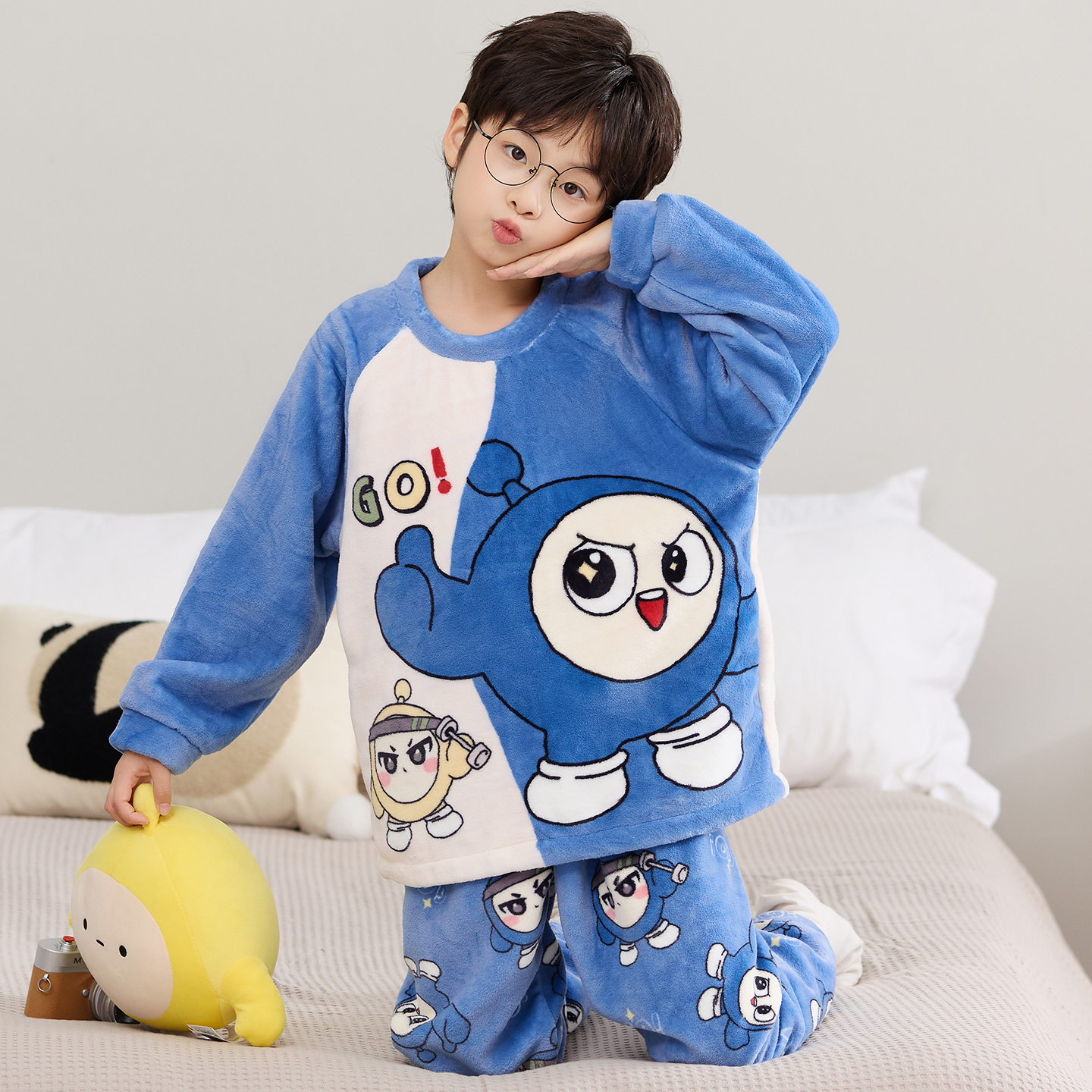 儿童法兰绒睡衣套装秋冬加绒加厚