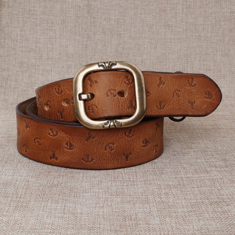 复古做旧压花皮带女真皮头层牛皮腰带男士休闲裤带针扣青年百搭潮