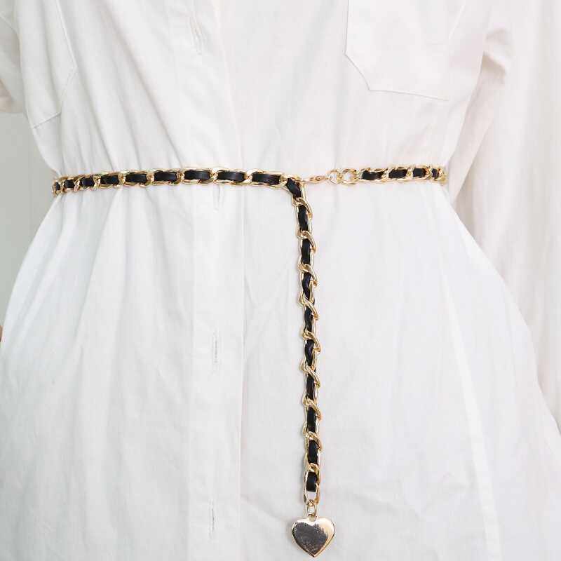 小香风爱心吊坠腰链女连衣裙装饰西装细腰带带身穿PU链条潮百搭款