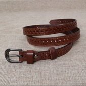 免打孔镂空皮带纯牛皮腰带女复古百搭真皮裤 饰细腰带 带头层牛皮装