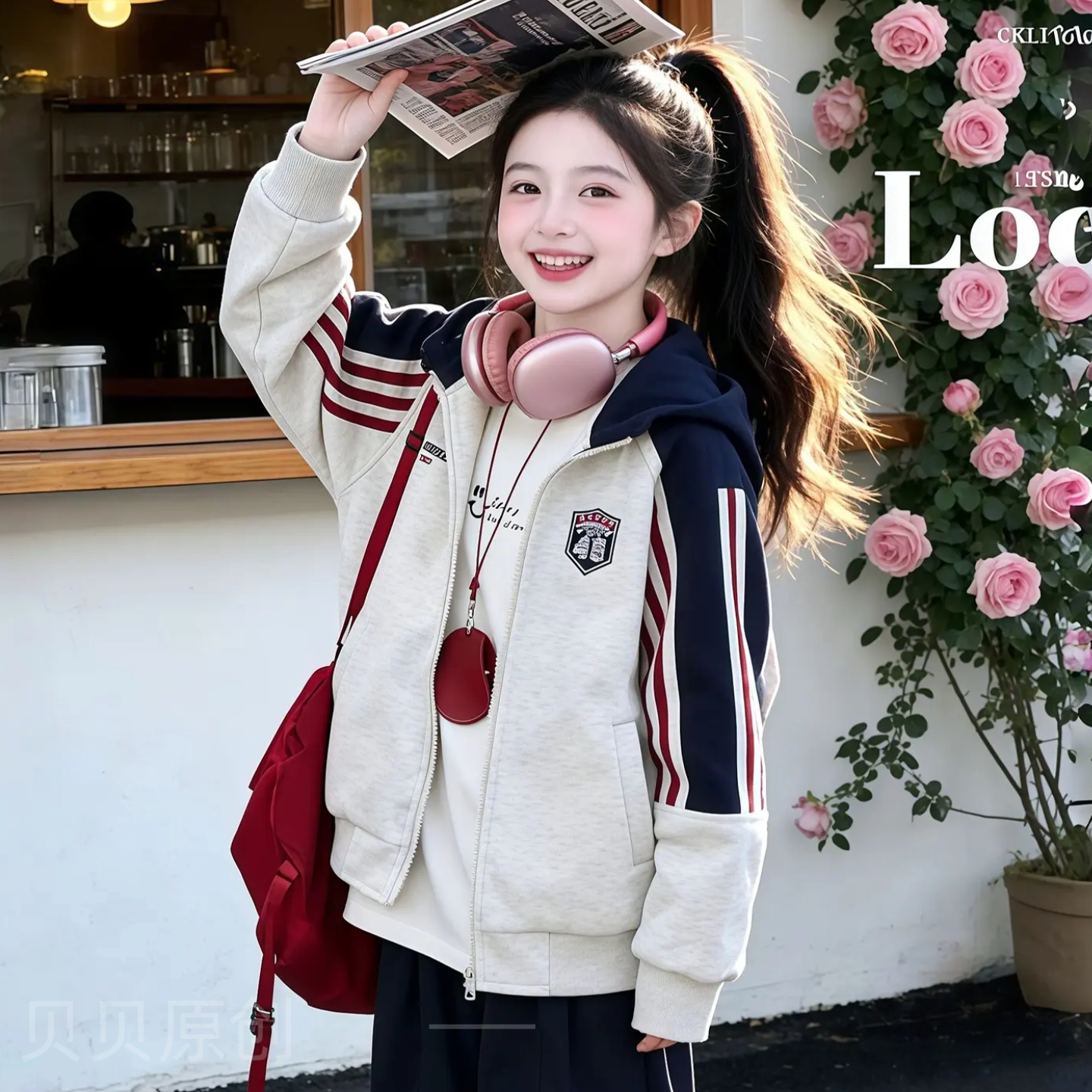 儿童休闲运动上衣男童女童春秋洋气拼色条纹中大童校园风时尚外套