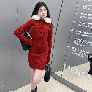 女童辣妹红色毛衣裙子中大童御姐连帽针织时尚洋气中长款包臀裙潮