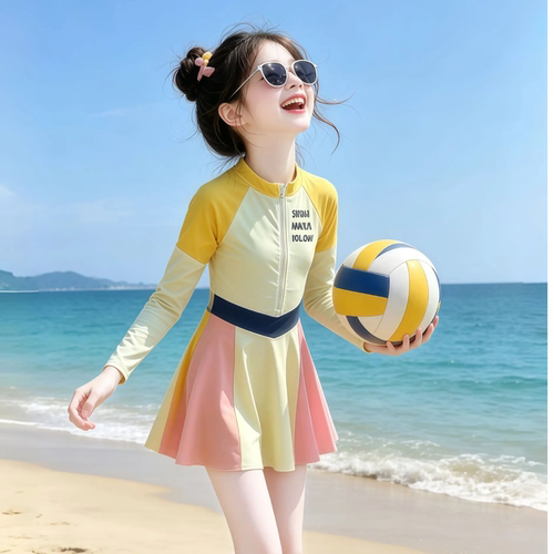 女童长袖防晒速干公主裙式泳衣