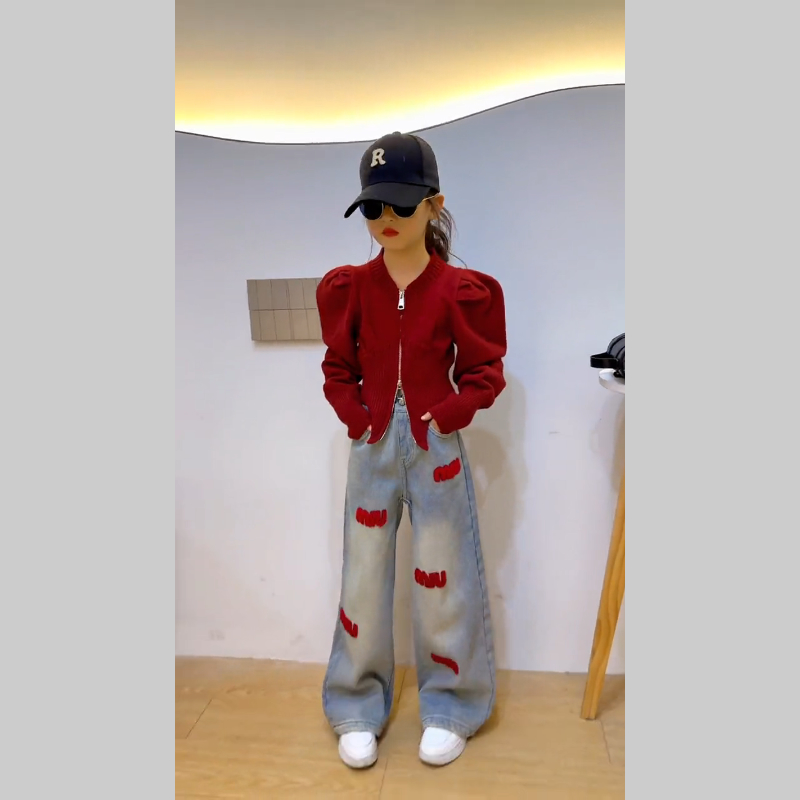 刺绣字母牛仔裤女童加绒加厚裤