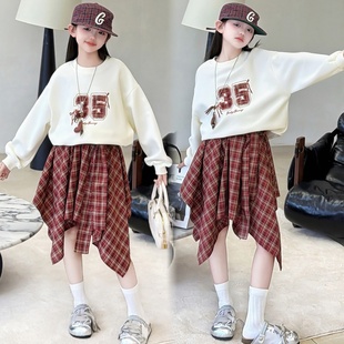 女童不规则格子裙套装中大童春秋设计感群裤半身裙卫衣休闲两件套