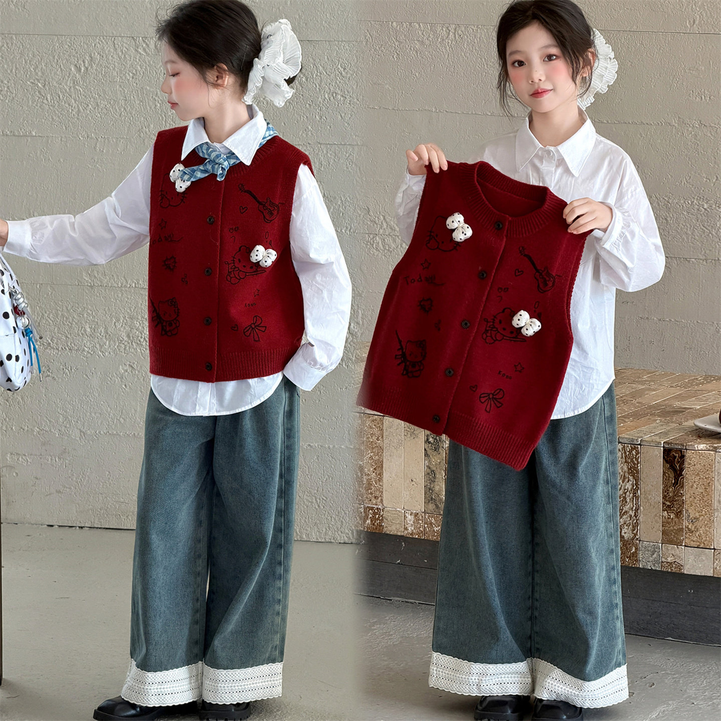 女童针织背心开衫套装中大童春装红色可爱洋气韩版马甲白衬衣套装,童装/婴儿装/亲子装,套装,淘宝优惠券,粉丝福利购,淘宝优惠卷