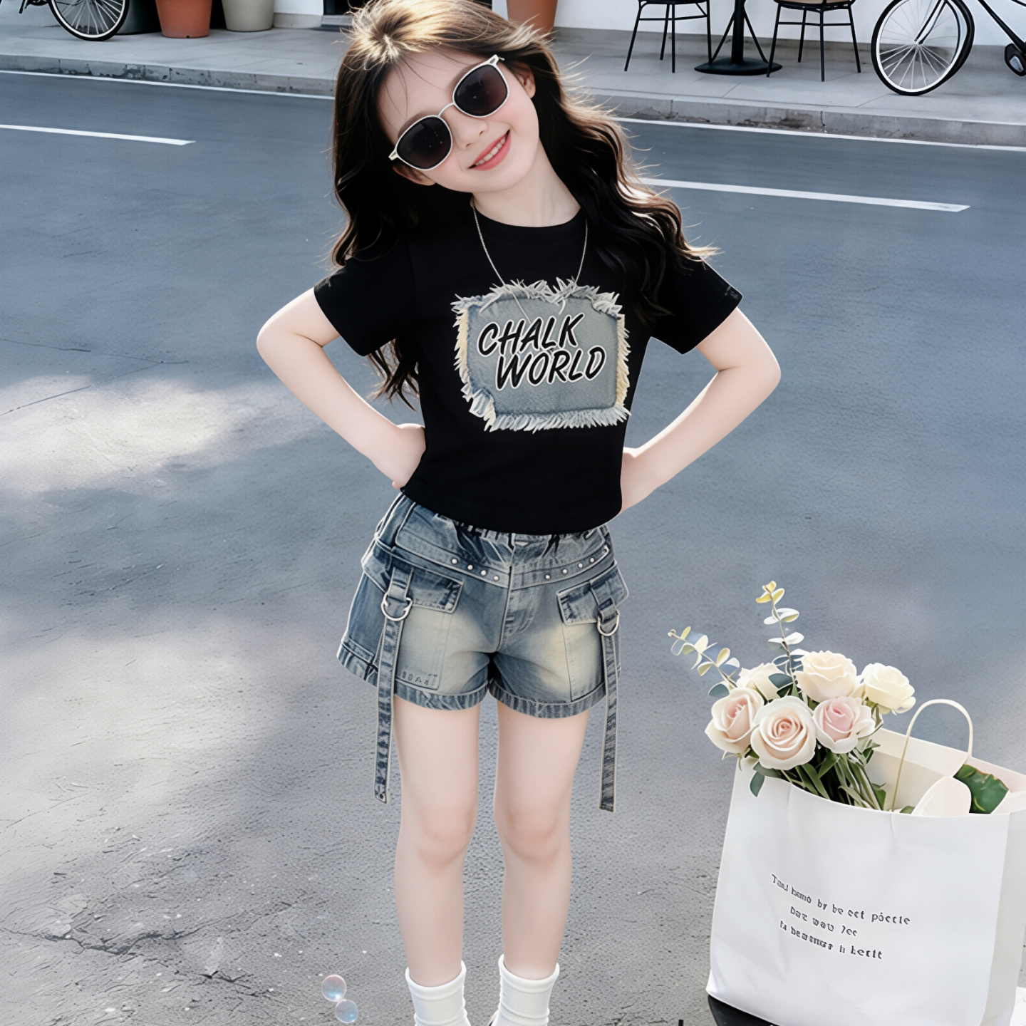 女童甜酷风套装夏季儿童毛边短袖牛仔短裤两件套中大童个性夏装潮