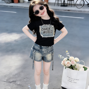 女童甜酷风套装夏季儿童毛边短袖牛仔短裤两件套中大童个性夏装潮