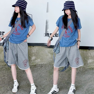 女童慵懒风套装夏季纯棉蓝色T恤灰色卷边短裤女童洋气潮酷两件套