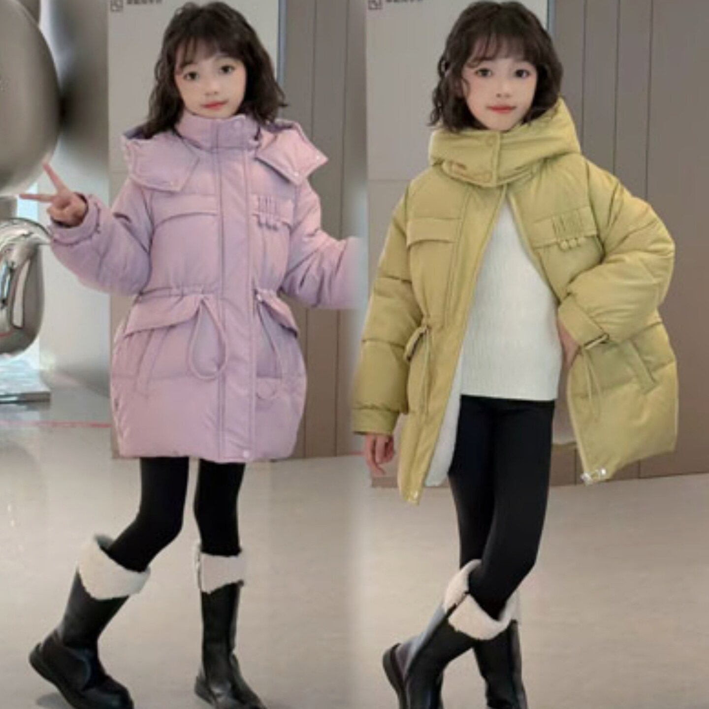 女童加绒棉服2026新款冬季中长款加厚免洗棉袄外套洋气小羊皮棉衣