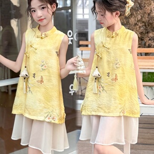 女童假两件连衣裙夏国风儿童高级感古风改良版叠穿汉服旗袍裙子潮