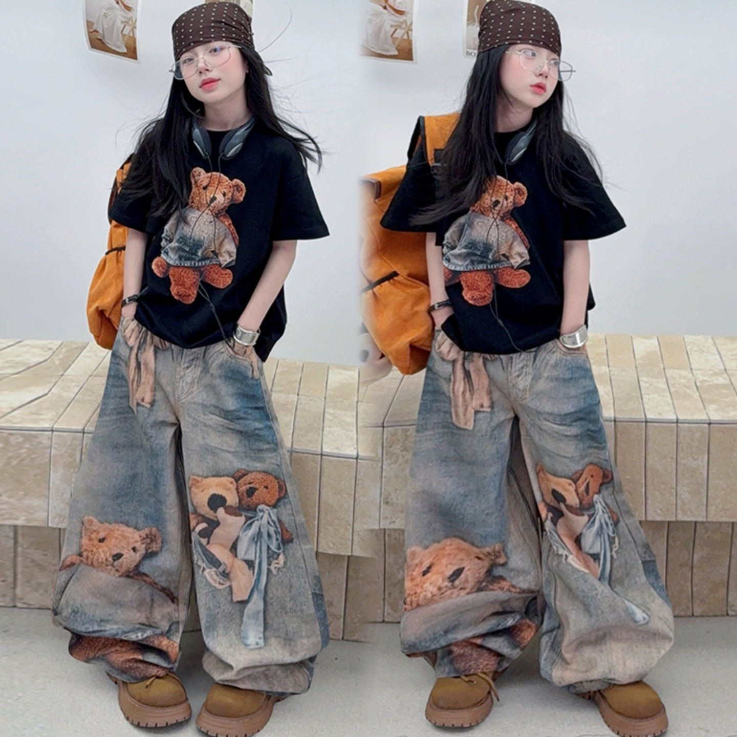 美拉德色系女童套装春夏儿童美式复古牛仔裤阔腿裤炸街潮酷两件套,童装/婴儿装/亲子装,套装,淘宝优惠券,粉丝福利购,淘宝优惠卷