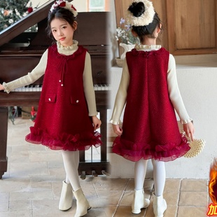 女童连衣裙套装冬装加绒款女孩新年圣诞红色喜庆拜年服千金两件套