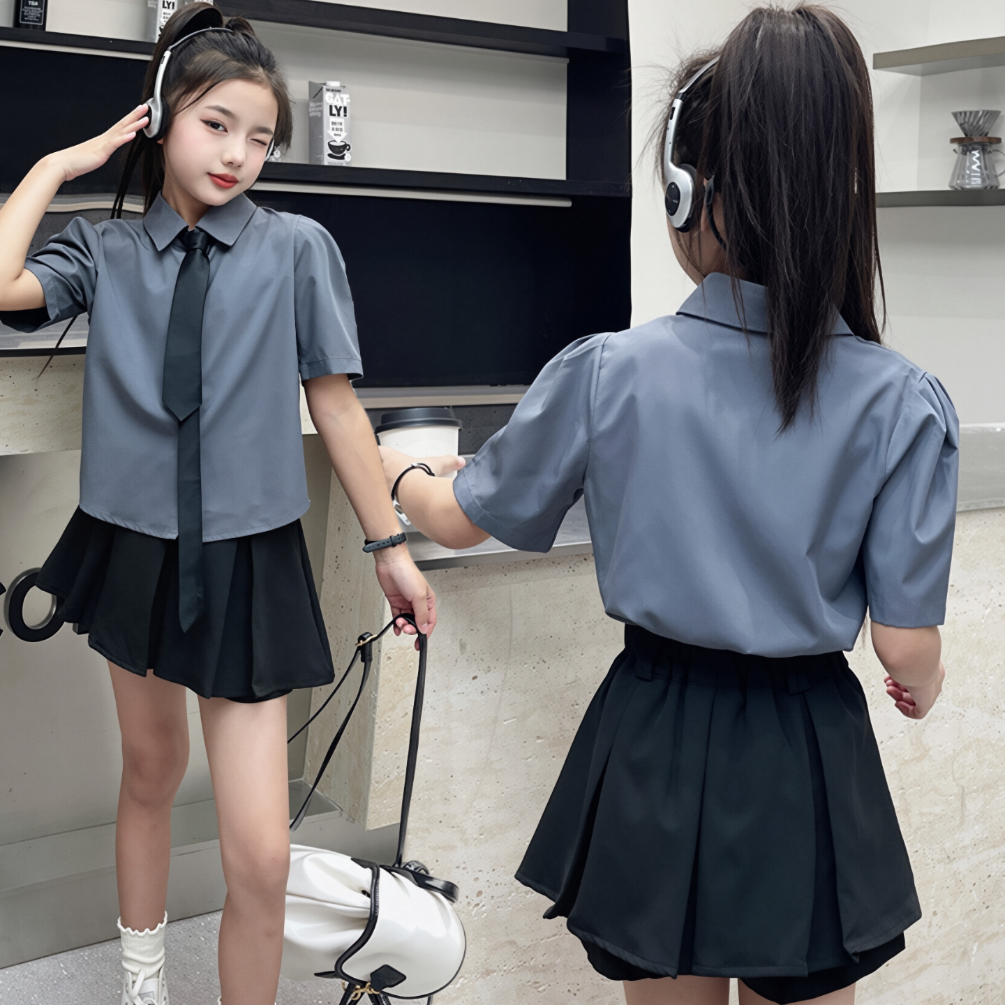 女童学院风套装夏季儿童JK制服灰色短袖衬衫黑色半身百褶裙三件套图片