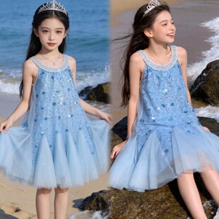 女童裙子夏 薄款高级感公主风女宝挂脖亮片爱莎冰雪奇缘无袖裙子6