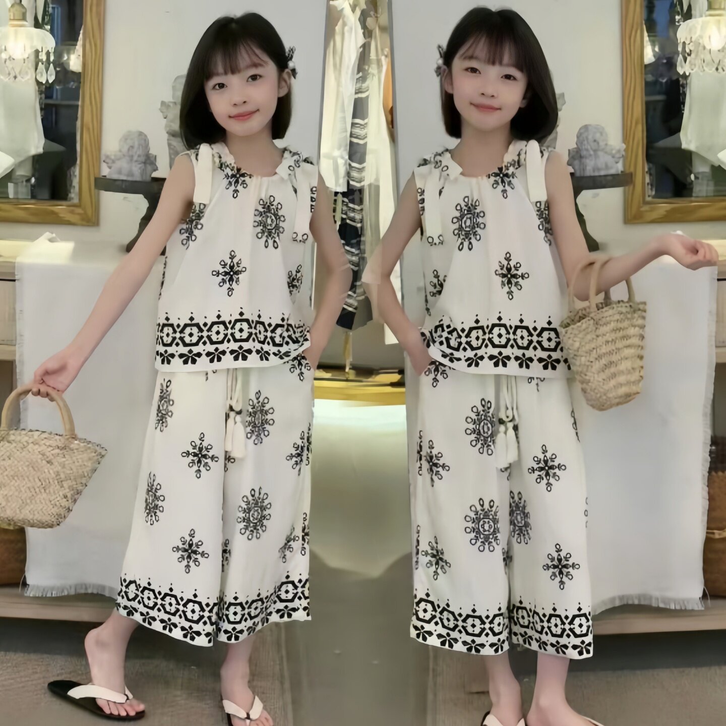 女童夏季度假民族风印花无袖背心七分阔腿裤薄款垂感清凉冰丝套装