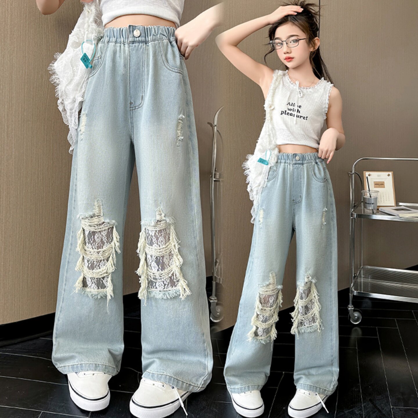 女童牛仔裤2026新款今年流行爆款中大童直筒破洞时尚炸街乞丐裤子