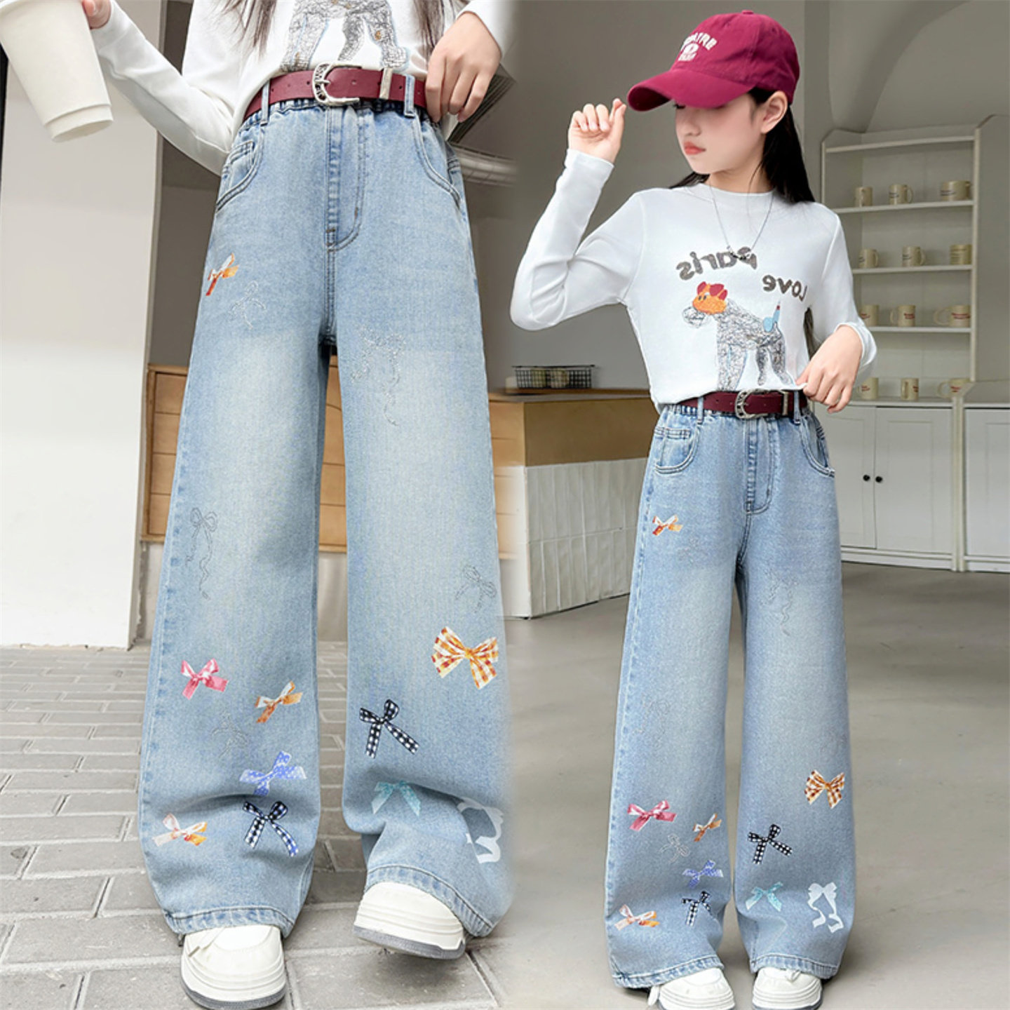 女童牛仔裤直筒裤中大童春装韩版洋气唐装蝴蝶结印花潮酷百搭裤子,童装/婴儿装/亲子装,儿童牛仔裤,淘宝优惠券,粉丝福利购,淘宝优惠卷