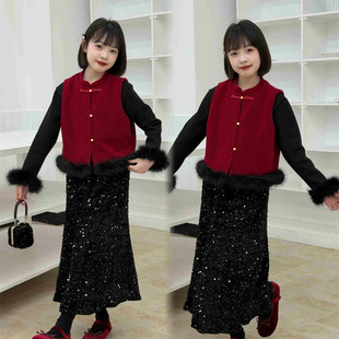 女童新年衣服2026新款中国风冬季拜年小女孩国风马甲亮闪闪裙套装