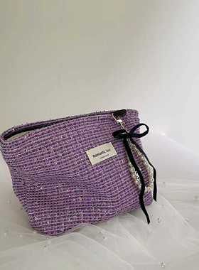 日本小香紫色高颜值化妆包女便携化妆品收纳包加厚帆布拉链洗漱包