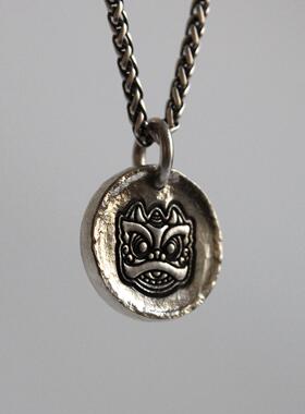 999足银手打小醒狮吊坠项链国风