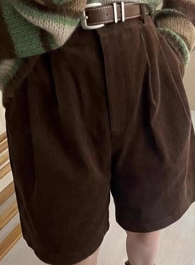 复古风灯芯绒五分裤女高腰显瘦阔腿裤港风百搭中裤美式休闲短裤女