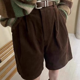休闲短裤 复古风灯芯绒五分裤 美式 港风百搭中裤 女 女高腰显瘦阔腿裤