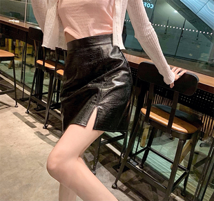 大码 半身裙2025 鳄鱼纹皮短裙辣妹开叉包臀裙高腰显瘦a字裙春秋款