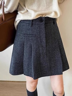 秋冬加厚毛呢短裙高级感灰色百褶裙百搭高腰显瘦a字裙大码 梨形女