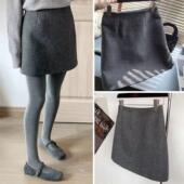 大码 高级灰显瘦半身裙秋冬加厚毛呢短裙高腰miu系小个子百搭a字裙