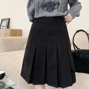 秋冬加长款 毛呢中裙百搭高腰显瘦百褶裙黑色挺括感A字半身裙韩版