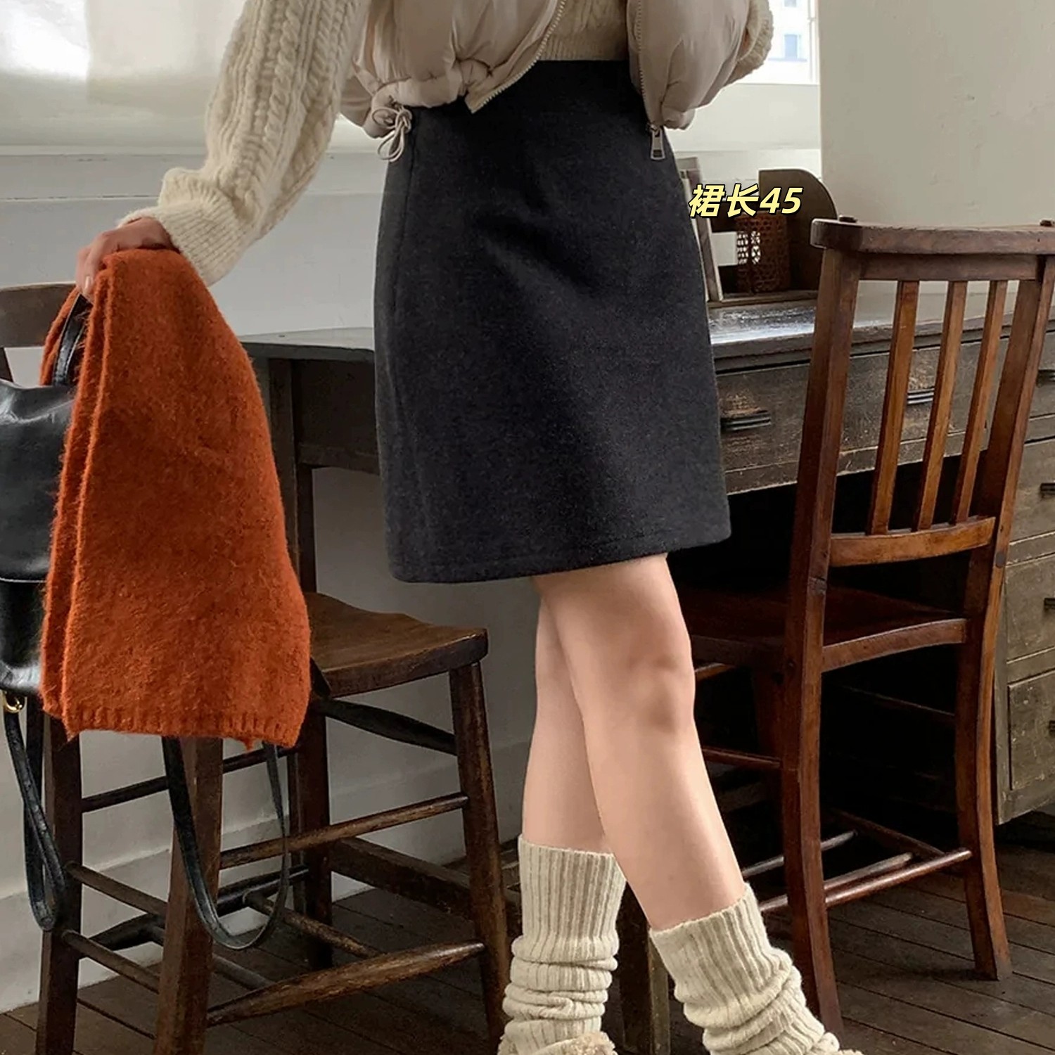 灰色毛呢半身裙高腰显瘦A字包臀