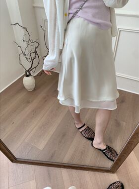温柔韩系风白色缎面a字半身裙女高腰显瘦中长裙优雅气质醋酸中裙