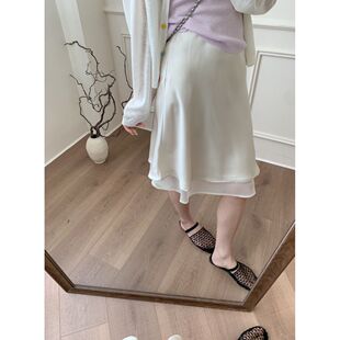 温柔韩系风白色缎面a字半身裙女高腰显瘦中长裙优雅气质醋酸中裙