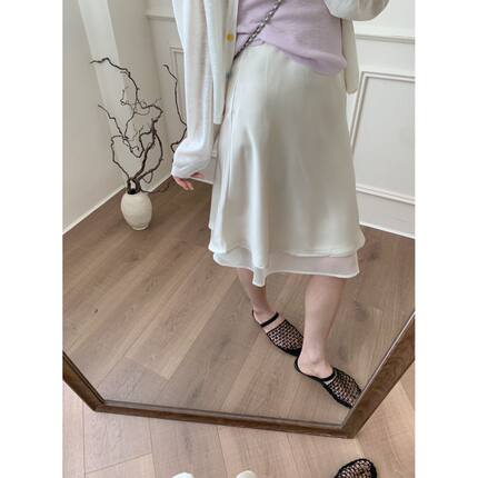 温柔韩系风白色缎面a字半身裙女高腰显瘦中长裙优雅气质醋酸中裙