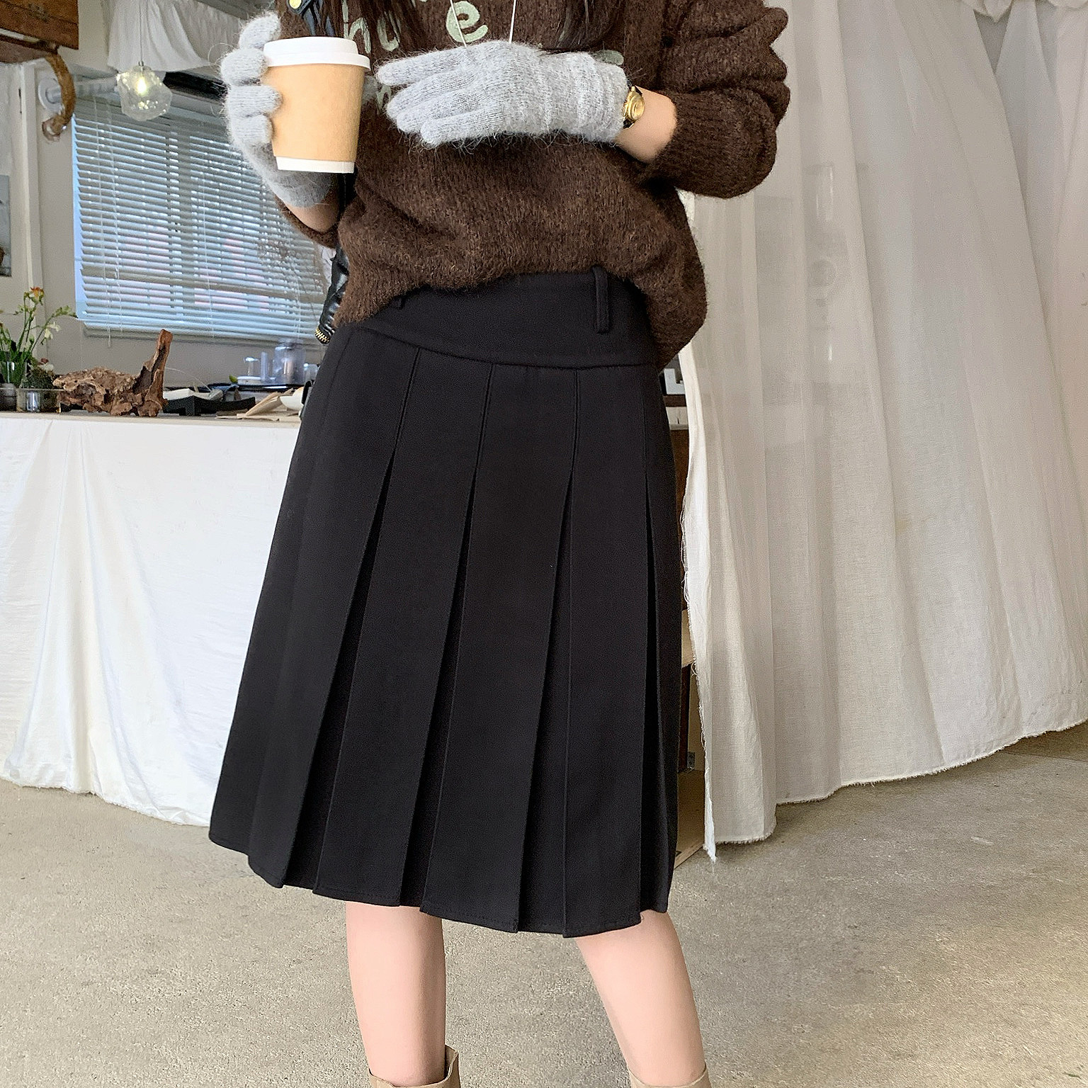 毛呢百褶裙中裙miu系加长款a字裙