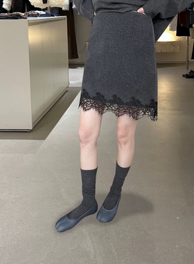 秋冬韩系拼接蕾丝毛呢A字裙高腰显瘦半身裙小个子防走光短裙百搭