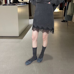秋冬韩系拼接蕾丝毛呢A字裙高腰显瘦半身裙小个子防走光短裙百搭