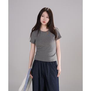 修身 艺野系 t恤女夏小个子短款 纯色弹力短款 显瘦圆领上衣 正肩短袖