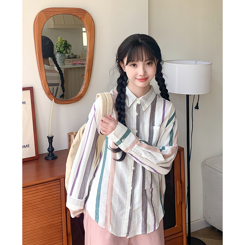 艺野系 日系古着感vintage竖条纹长袖衬衫女宽松慵懒复古叠穿上衣
