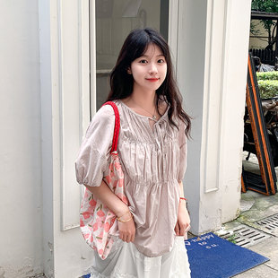 女夏别致小众衬衫 艺野系日系甜美小清新系带圆领慵懒风粉色娃娃衫