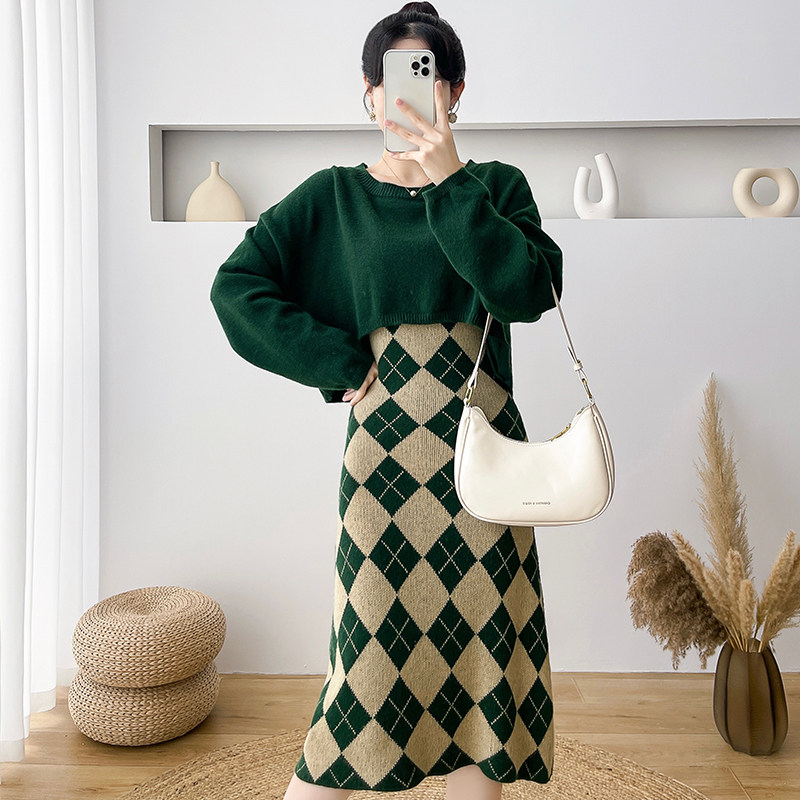MATERNITY CLOTHES SPRING AND AUTUMN SUITS HIGH-QUALITY HONG KONG STYLE RETRO RHOMBI KNITTED SLIP DRESSES SLIM FIT LONG SLEEVE TWO-PIECE SET