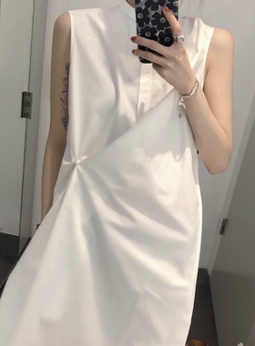 【GuiN】23夏cos纯棉无袖暗扣宽松白色衬衫中长不规则a字连衣裙女